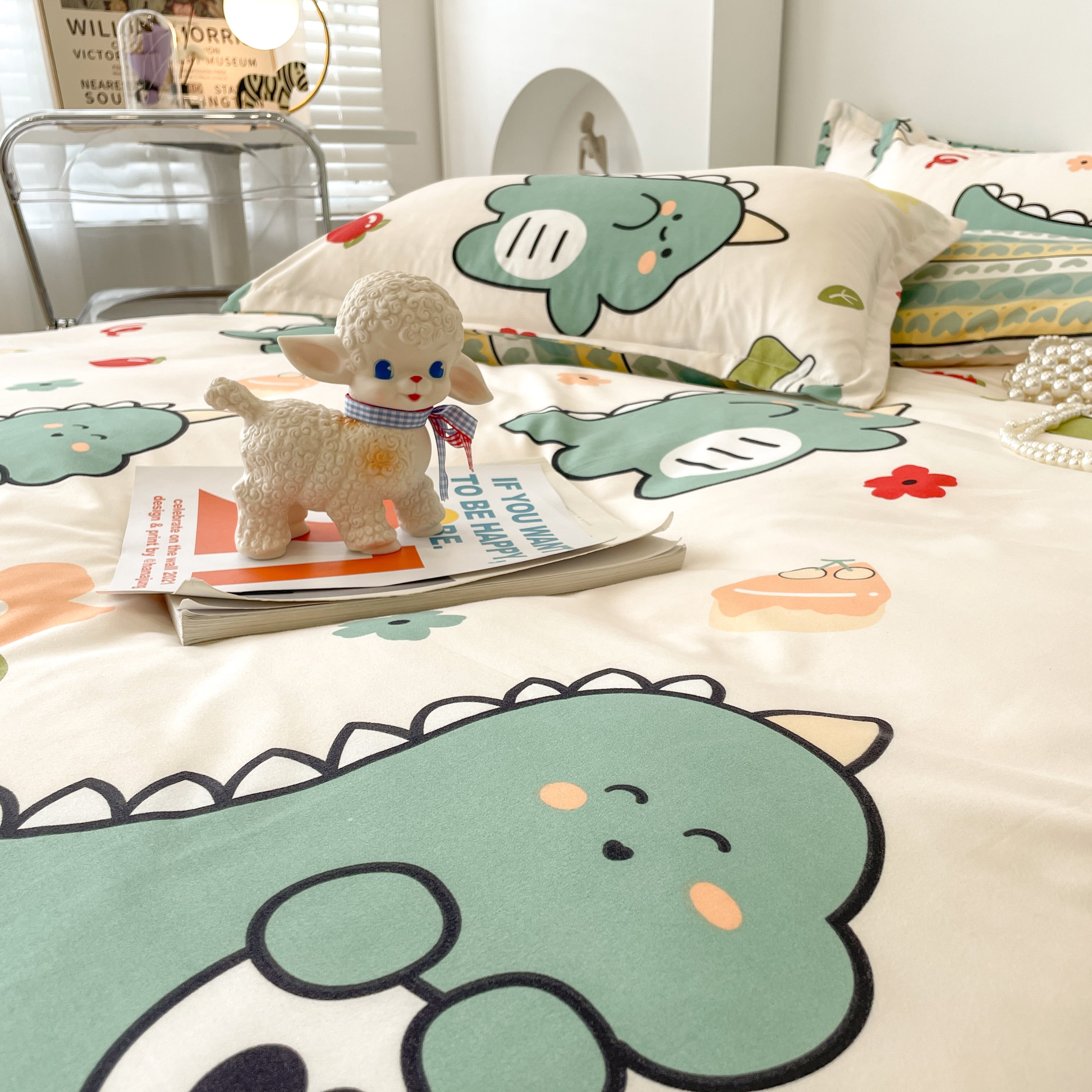 Bộ 4 Món Vỏ Chăn Ga Gối Coton poly Khủng long cà chua cao cấp ( không kèm ruột )