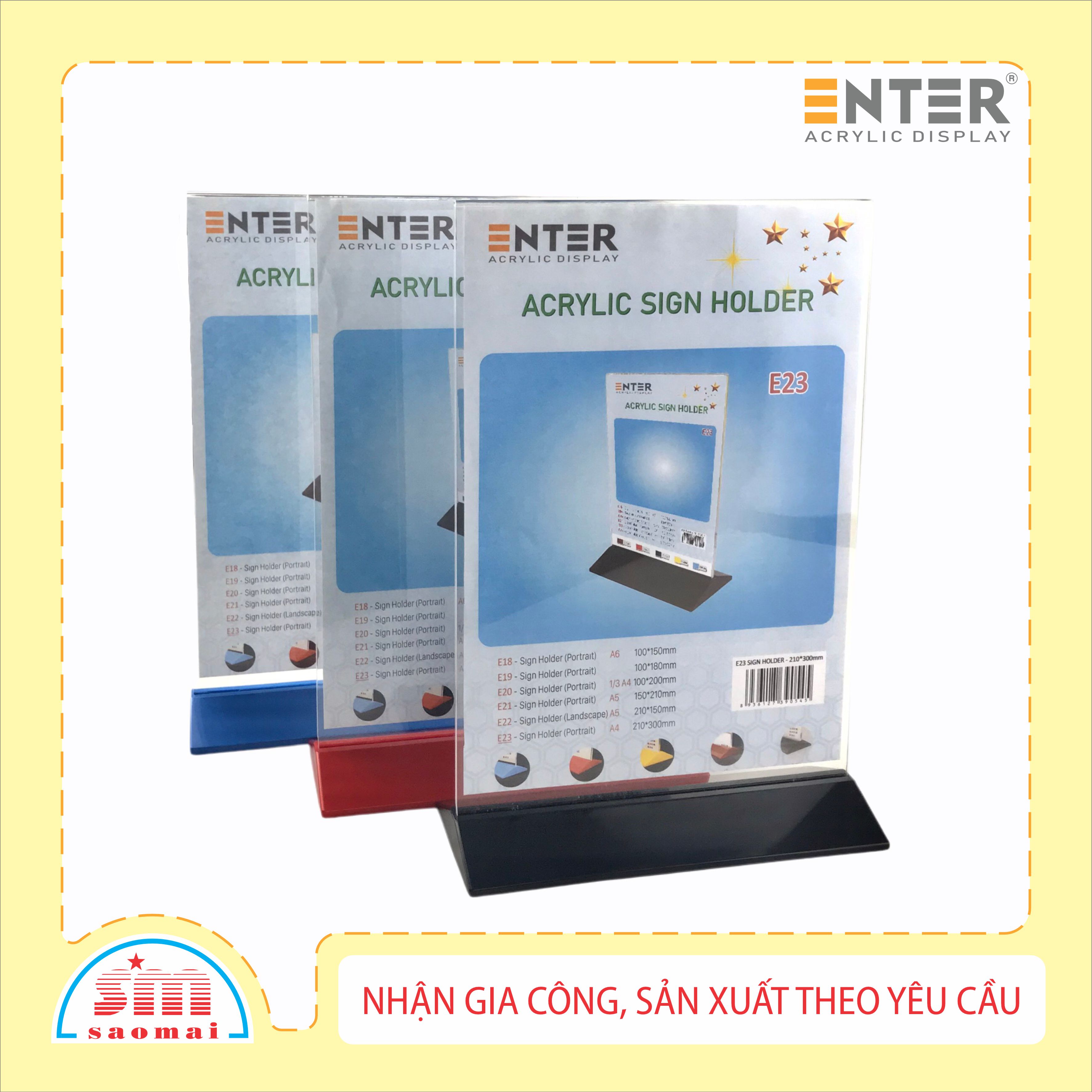 Kệ mica 2 mặt Enter E23 210x300mm đế màu A4 đứng, Kệ menu nhà hàng, Standee mica để bàn, Bảng quét mã QR Code