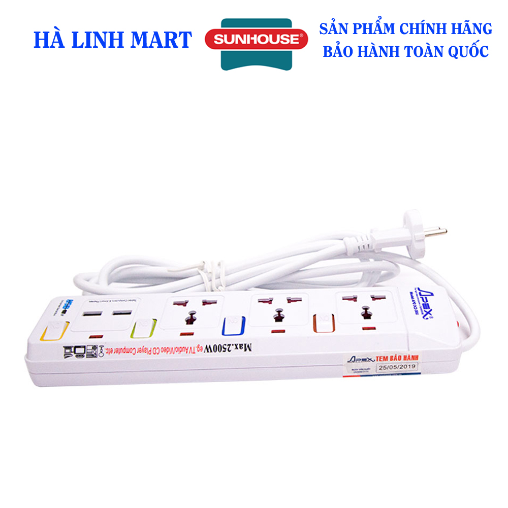 Ổ cắm điện SUNHOUSE APEX APE-OC2-3RU - Công suất định mức 2500W -  Ổ cắm đa năng có cổng sạch - Bảo hành 12 tháng
