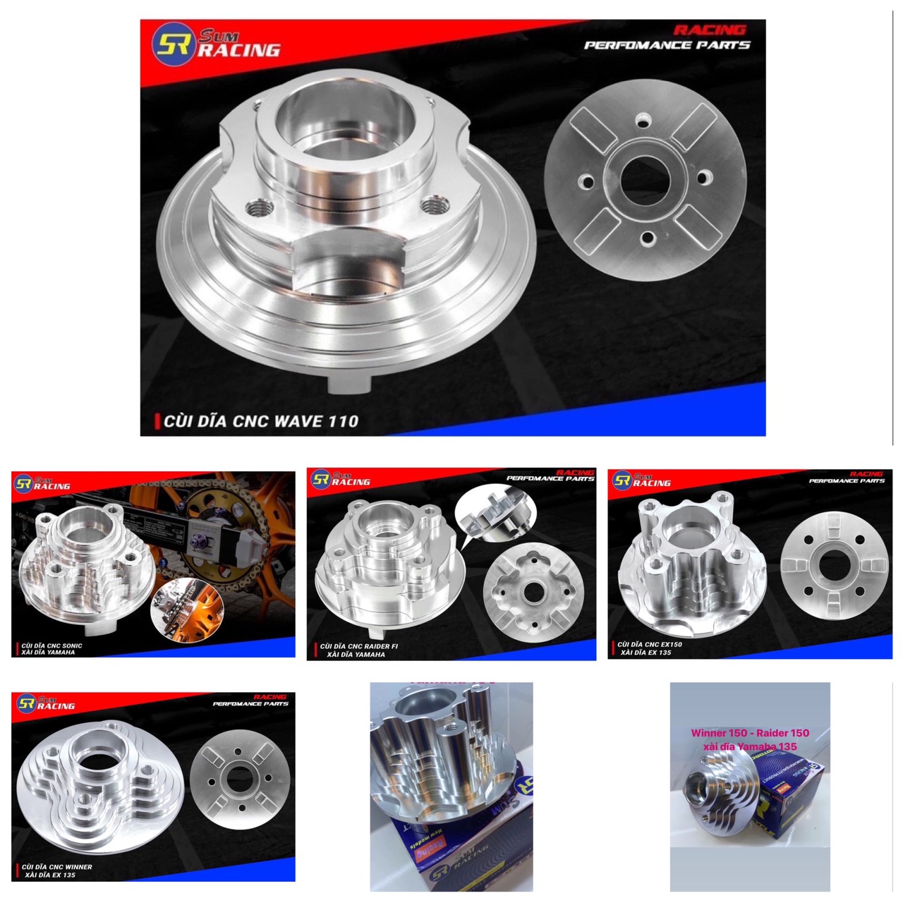 Cùi đĩa tải nhôm cnc sum racing xe ex150 , ex135 , raider , winner 150 xài dĩa tải 4 lỗ ya 135.