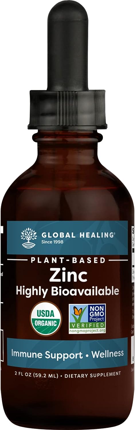 Global Healing USDA Organic Zinc Liquid Supplement - Pure Vitamin Drops for Immune System Boost, Hormone Balance, and Healthy Aging - Vegan-Friendly, Non-GMO - 2 Fl Oz