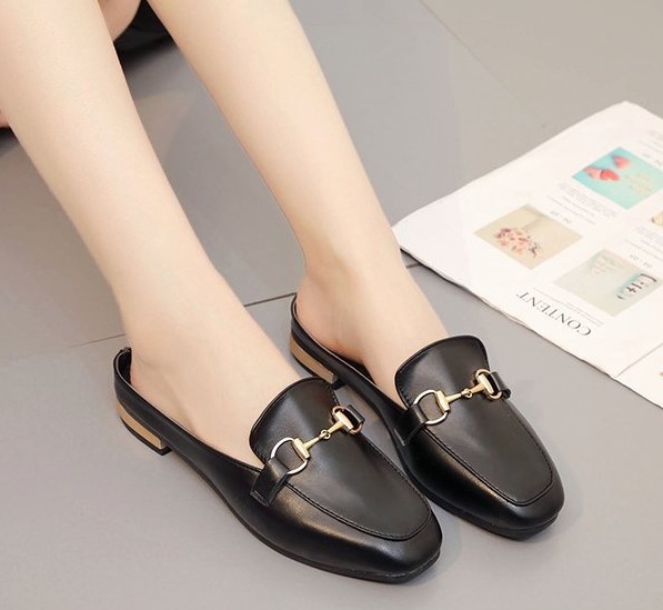 Giày sục nữ da mềm êm chân gót cao 2cm màu trắng đen