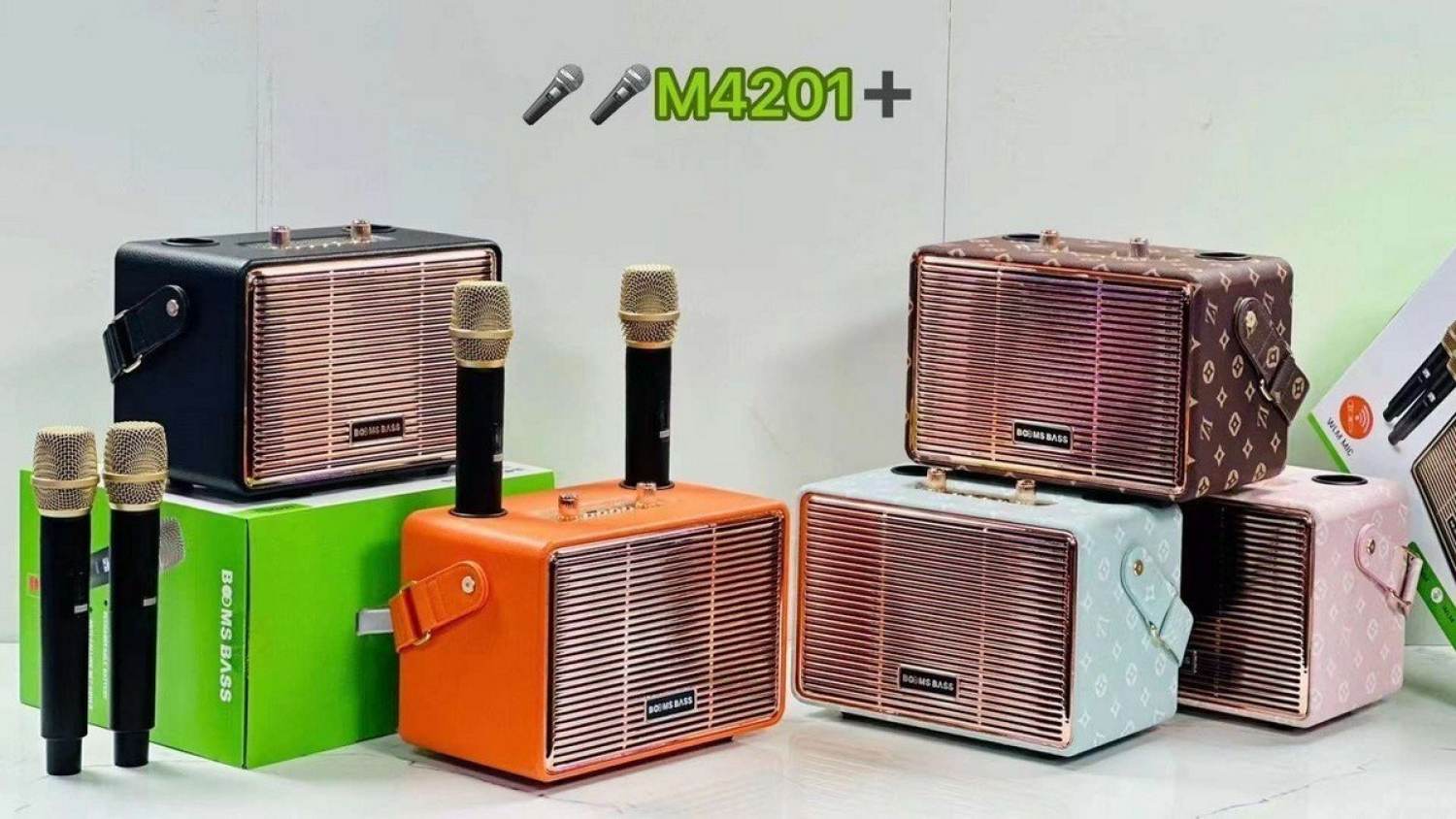 Loa Karaoke Bluetooth Booms Bass M4201+ Bass Mạnh - Loa Karaoke xách tay - Loa Karaoke công xuất lớn - Loa Karaoke Bluetooth nhập khẩu - Loa kéo Bluetooth - loa karaoke mini, Kèm 2 Micro Âm Thanh Lớn Hát Hay
