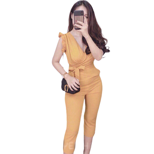 Jumpsuit Nữ Áo Liền Quần Thắt Nơ Eo Cổ Chéo Tay Ngắn Thời Trang Mới Phong Cách Hàn Quốc  J38