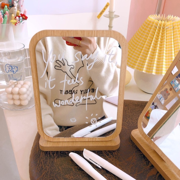 Gương gỗ Hàn Quốc tặng kèm bút vẽ - Gương để bàn trang điểm - Đồ decor vintage - MiuMiu Mart giá rẻ