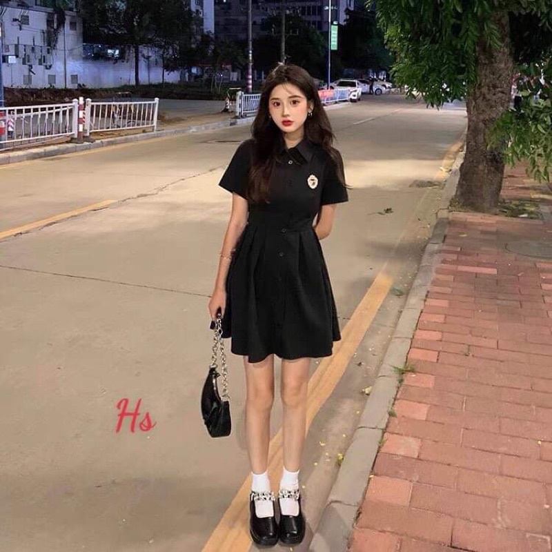 Đầm Nữ Váy Nữ Váy Sơ Mi Logo Khoét Nơ Lưng HS6 Chất Thô Lụa Bao Đẹp