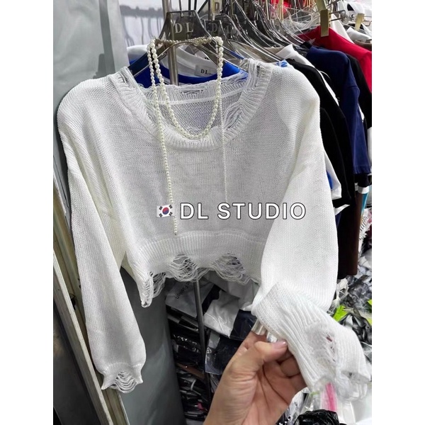 áo len dệt kim mỏng kiểu rách dáng croptop (có đệm vai) (1240#)
