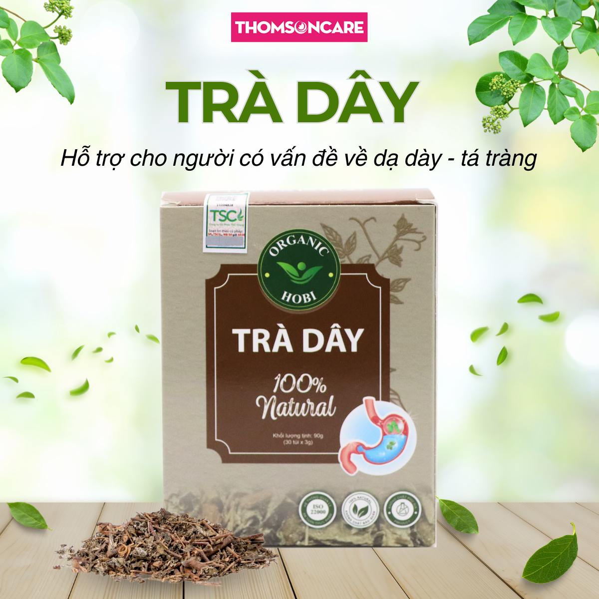 Trà dây Hobi Organic hộp 30 gói mẫu mới - Hỗ trợ giảm đau dạ dày, trào ngược, ợ hơi, ợ chua, thanh nhiệt từ trà dây - Thomsoncare