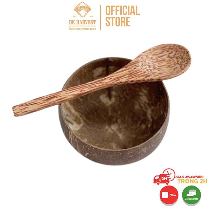 Combo Chén/ Bát gáo dừa + Muỗng gỗ dừa DK Harvest - Loại size lớn 12 - 14cm