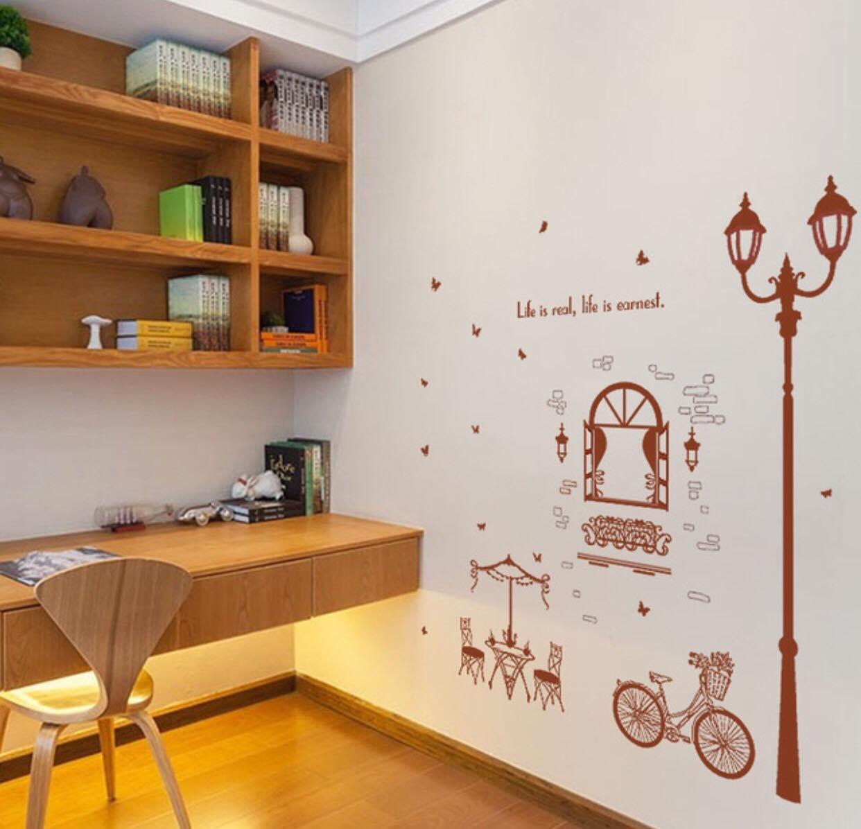decal dán tường mẫu cột đèn ghế khung cửa sổ