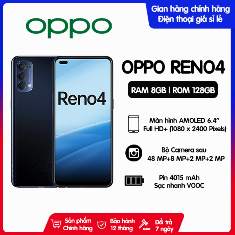 Điện thoại Oppo Reno4 Bộ nhớ trong 128GB | Hàng chính hãng, Nguyên Seal, mới 100% | Bảo hành 12 tháng trên toàn quốc | Màn hình AMOLED 6.4 inch | Sạc nhanh VOOC 4.0 30W