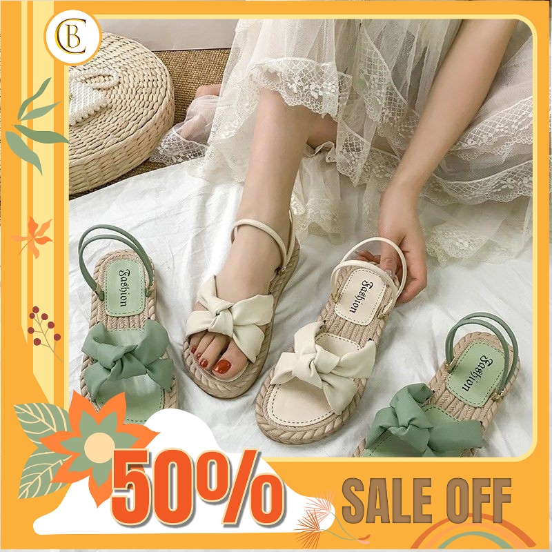 (Hàng sẵn) Dép Sandal Cói Nơ Đế Bằng