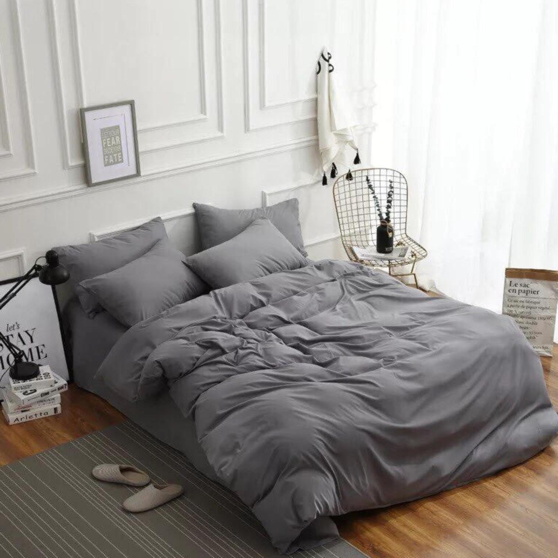 Bộ chăn ga gối phong cách Hàn Quốc basic ghi + vỏ gối ôm