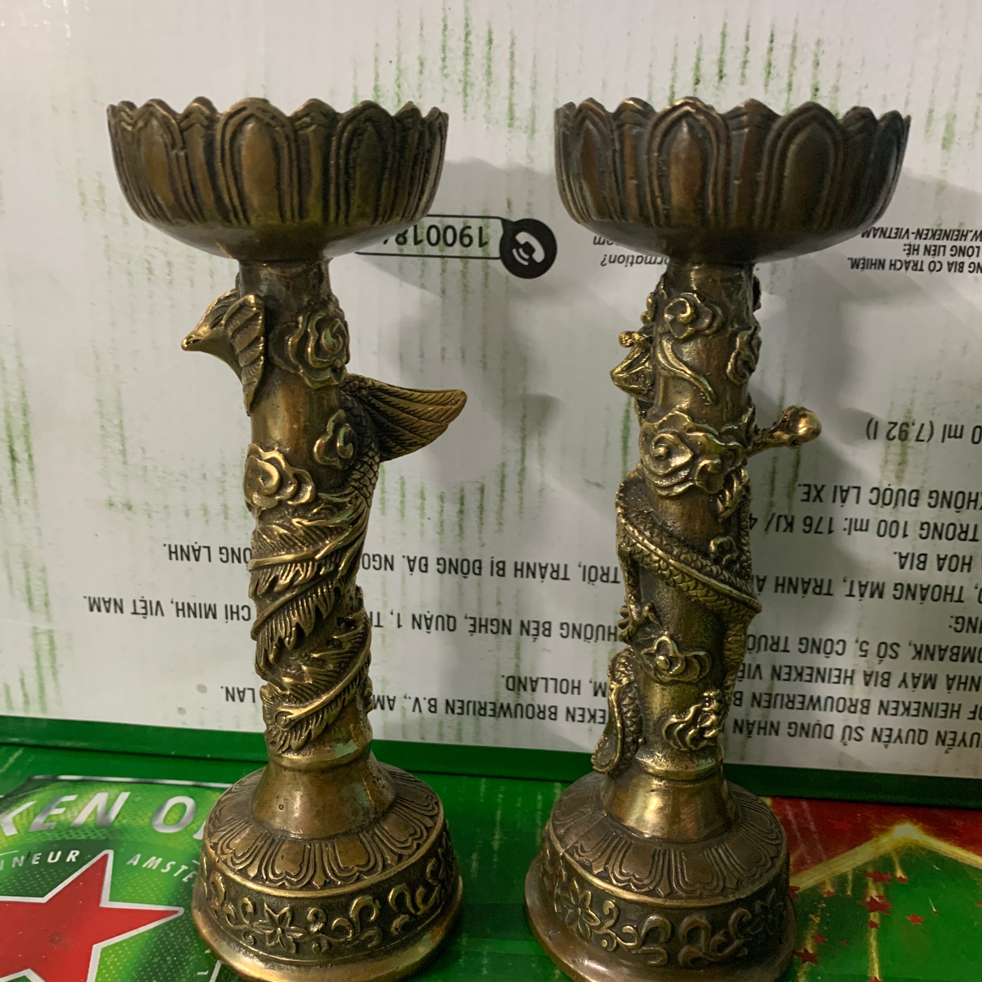 Cặp chân đèn long phụng bằng đồng