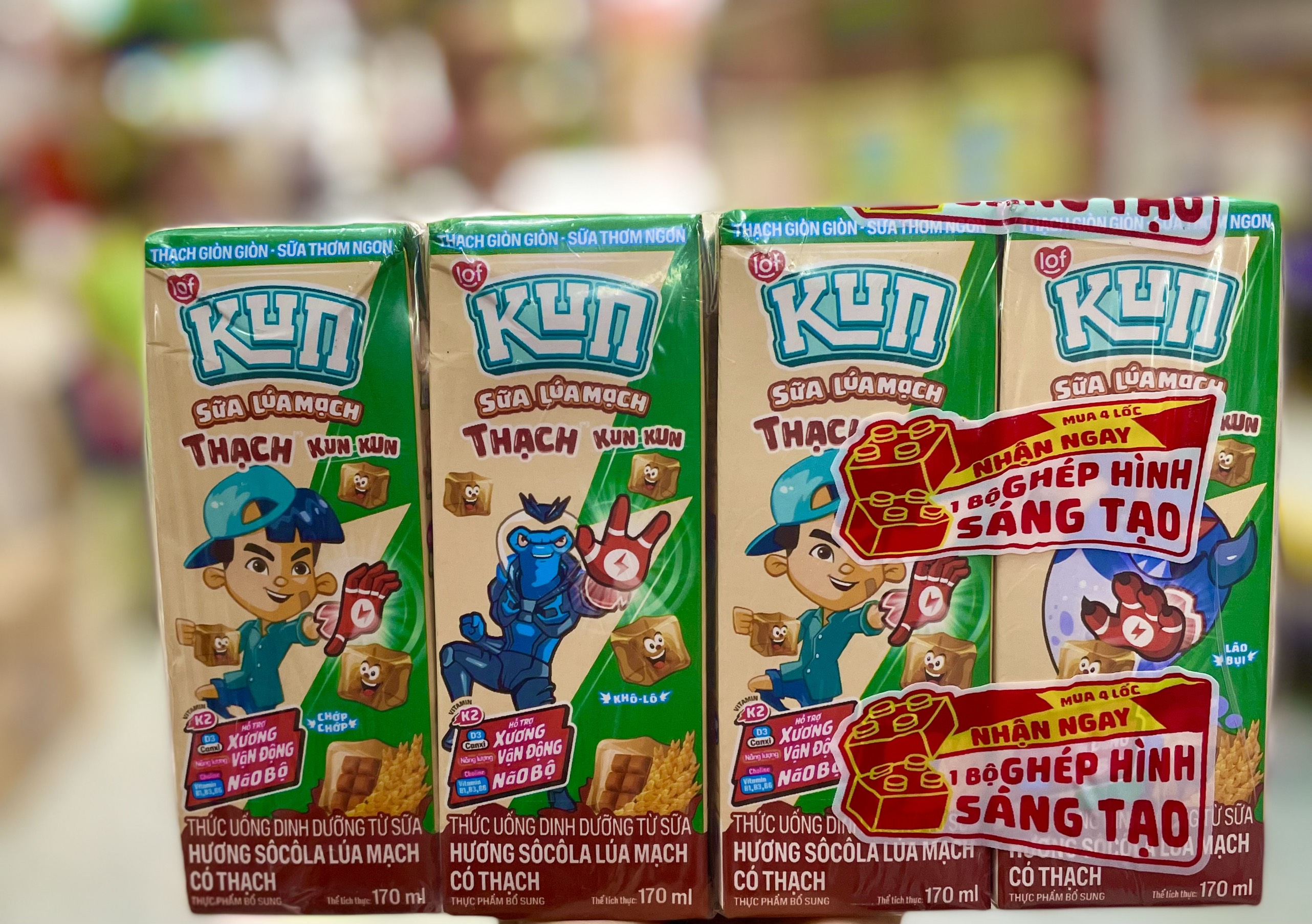 Combo 4 lốc 170ml Sữa Kun Thạch Lúa Mạch, Cam, Dâu