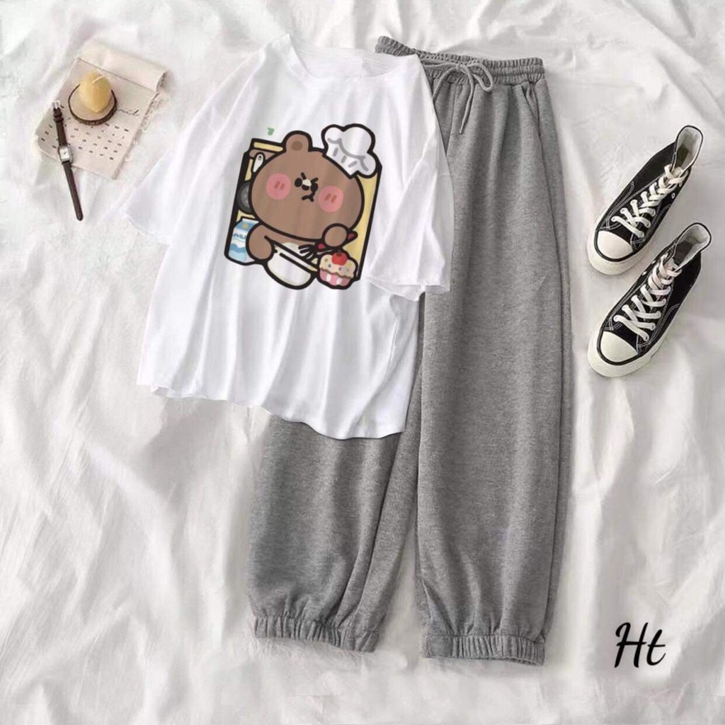 Sét áo phông gấu đầu bếp + quần chun xám