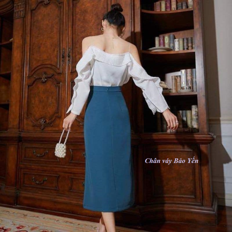 Chân váy midi A xẻ đùi dài 70cm