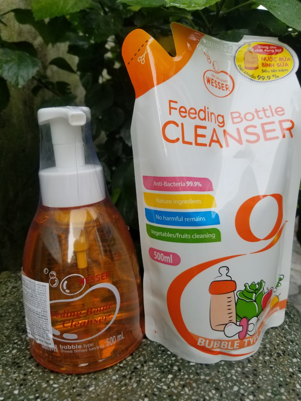 Combo nước rửa bình sữa Wesser gồm 1 bình 500ml và 1 bịch 500ml