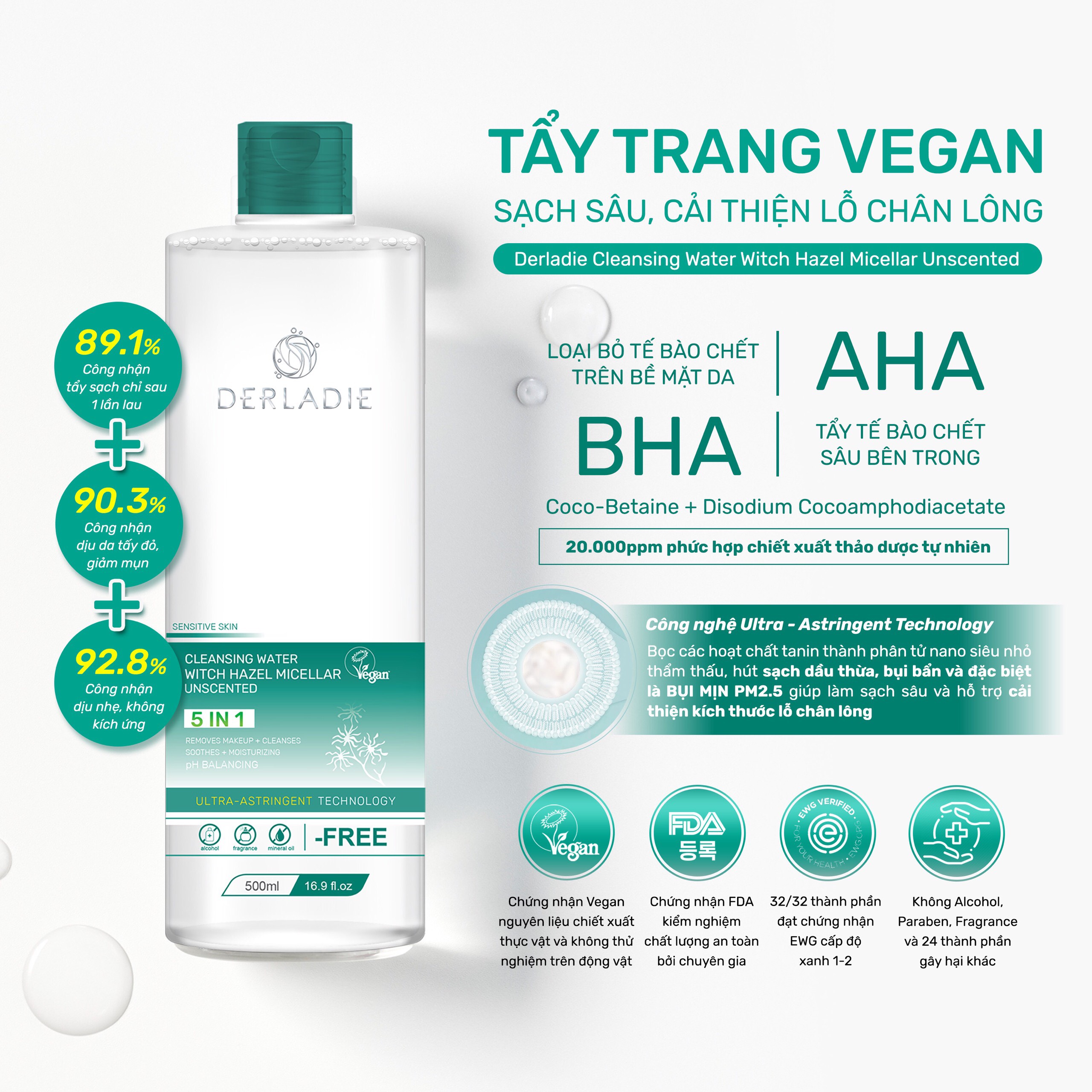 Nước Tẩy Trang Derladie Cây Phỉ Cho Da Dầu Mụn Cleansing Water Witch Hazel