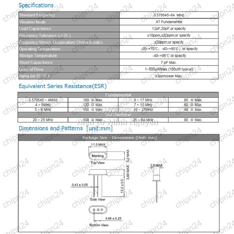 [3 con] (K344) Thạch anh Chân Cắm HC-49S DIP (2 chân 11.0592M/12M/12.288M/13.56M/14.7456M/16M/18M/18.432M/20M) - [Chọn Loại] - HHH.00359