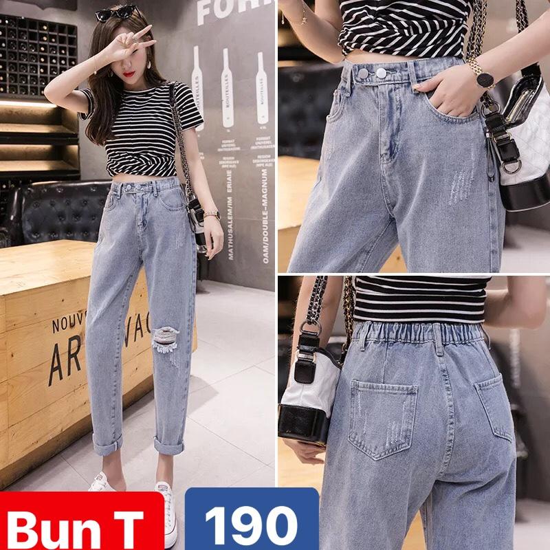 QUẦN BAGGY JEAN NỮ CHẤT BÒ XANH RÁCH LƯNG THUN CẠP CHUN SAU LƯNG CAO NÂNG MÔNG HOT HIT THÁI LAN T&T-190 - TRANG BUN FASHION
