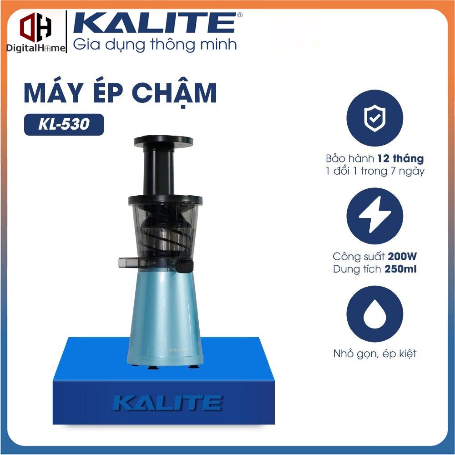 Máy ép chậm Kalite KL530, máy ép hoa quả công suất 200W, dung tích 250ml, nhỏ gọn, ép kiệt bã, chạy êm