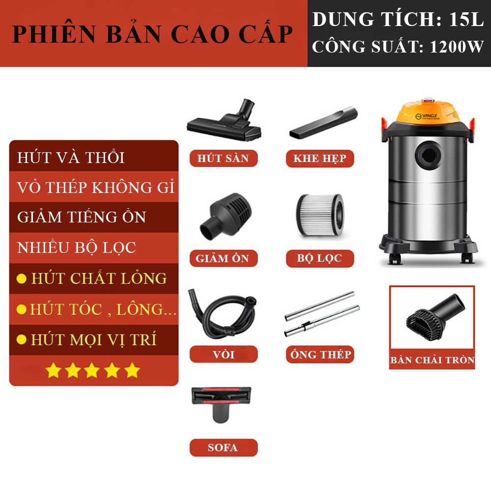 Máy hút bụi đa năng, máy hút bụi công nghiệp 15L công suất 1200W, phục vụ trong nhà lớn, nhà hàng, khách sạn, 3 chế độ khô , ướt , thổi, bảo hành 2 năm, lỗi đổi mới trong 7 ngày đầu nhận hàng