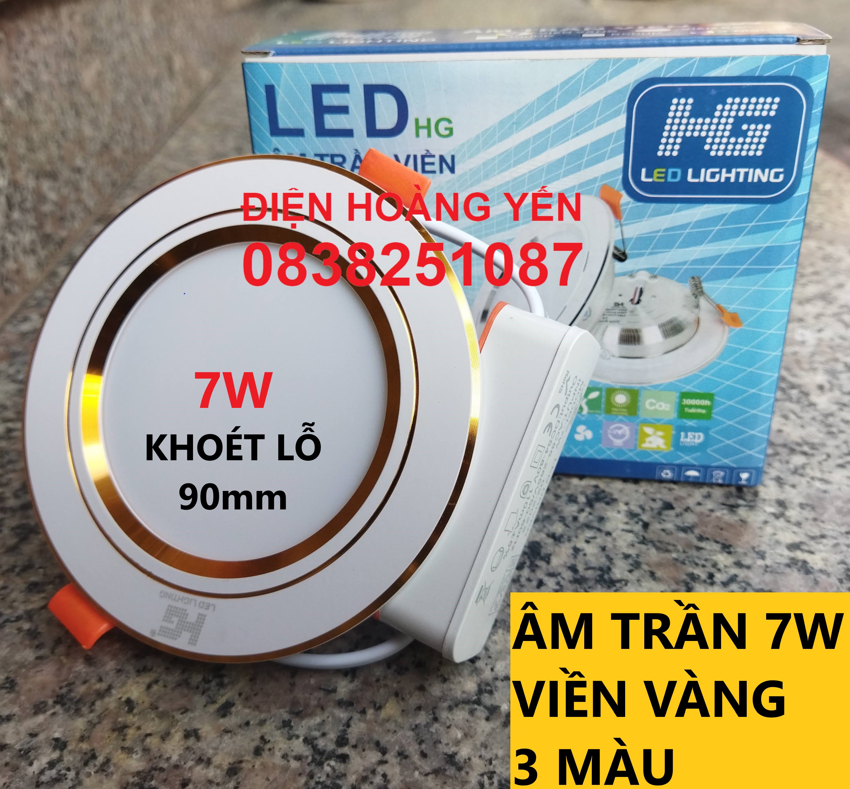 [HCM]Bộ 8 đèn led âm trần viền vàng 7w 3 màu 3 chế độ