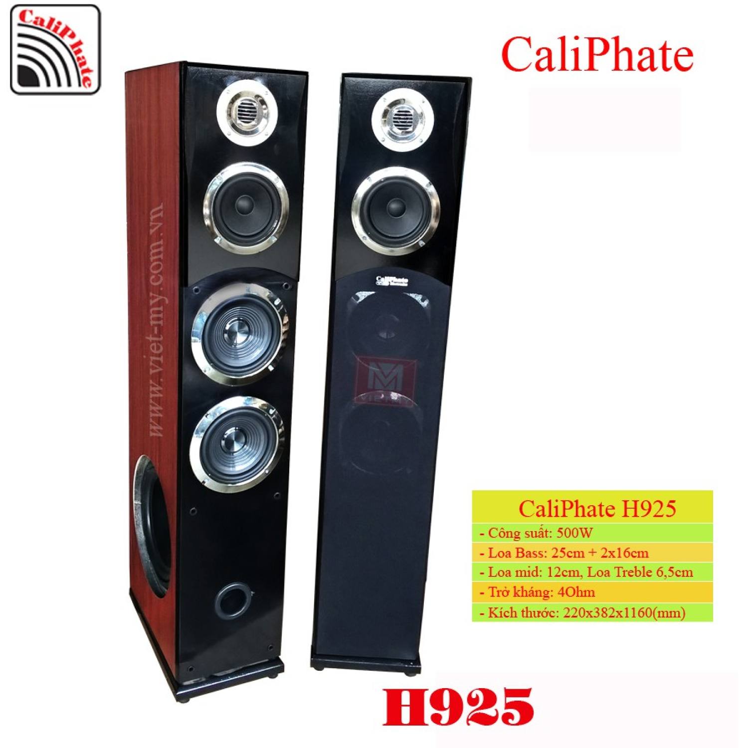 Loa cây karaoke CaliPhate H925 - 5 loa: 1 Bass 25P100 hông, 2 bass 16P70 mặt, 1 trυng 12, 1 tép (1 đôi)
