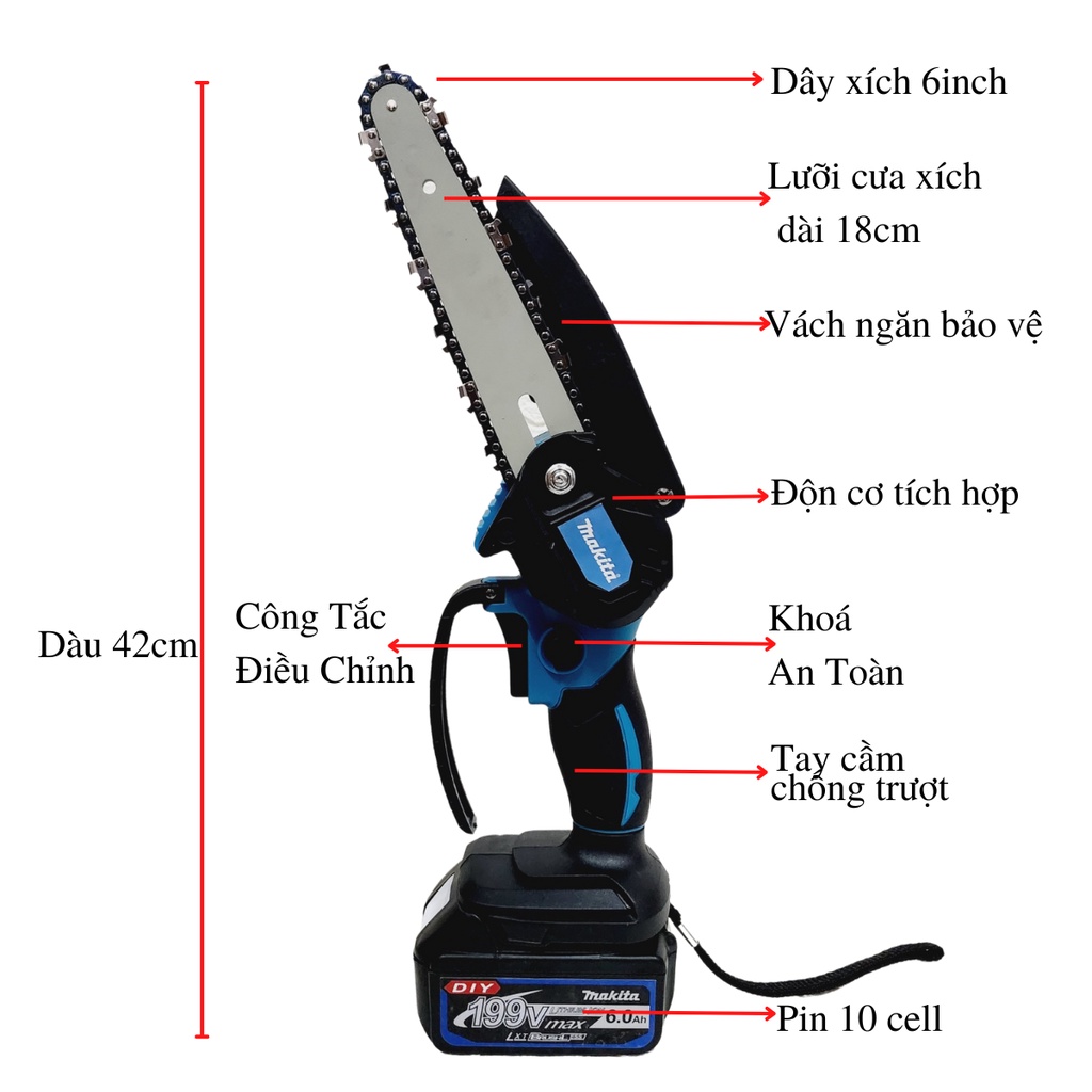 Máy cưa xích dùng pin MAKITA 199V, máy cưa xích cầm tay mini, động cơ lõi đồng 100%, pin 10 cell, lam dài 6 inch, cưa khỏe, tiện lợi