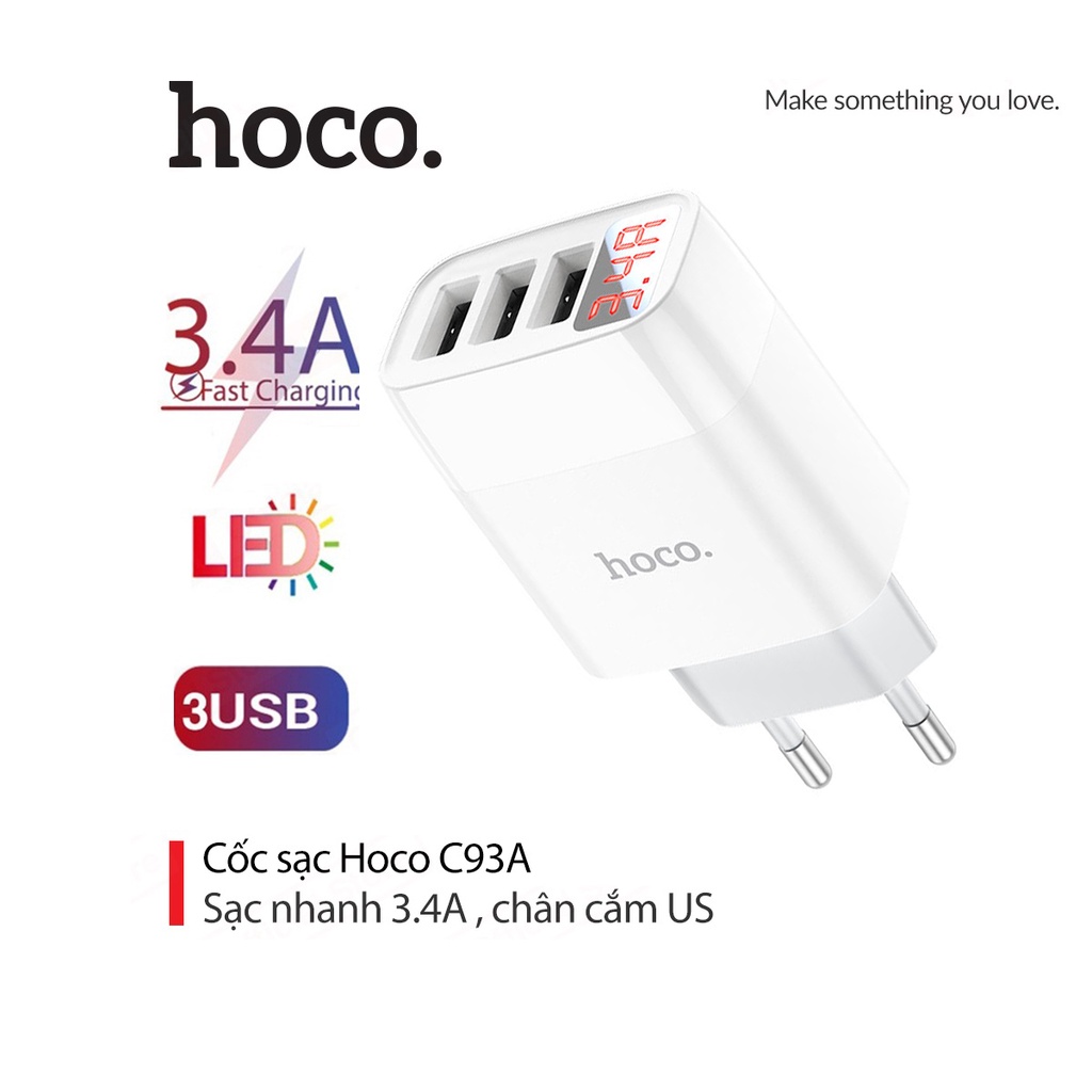 Củ sạc 3.4a hoco c93a chân cắm tròn 3 cổng usb tích hợp màn hình led