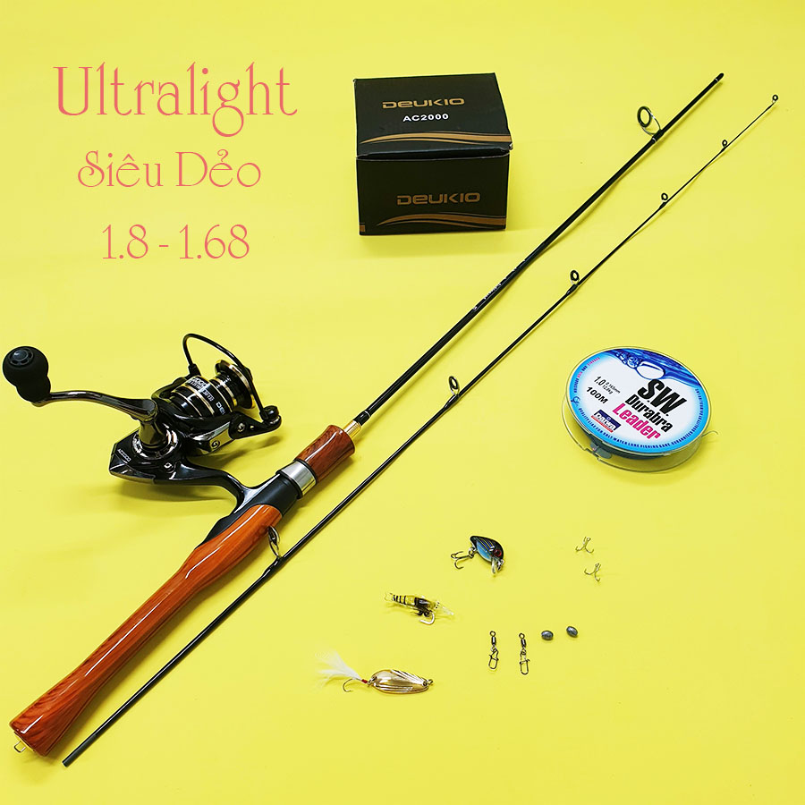 Bộ cần câu cá UL Ultralight đọt đặc siêu dẻo câu suối, câu cá mương, cá cháp+ máy câu cá kim loại Ac 2000 + dây câu + mồi câu lure Ngu Lomg