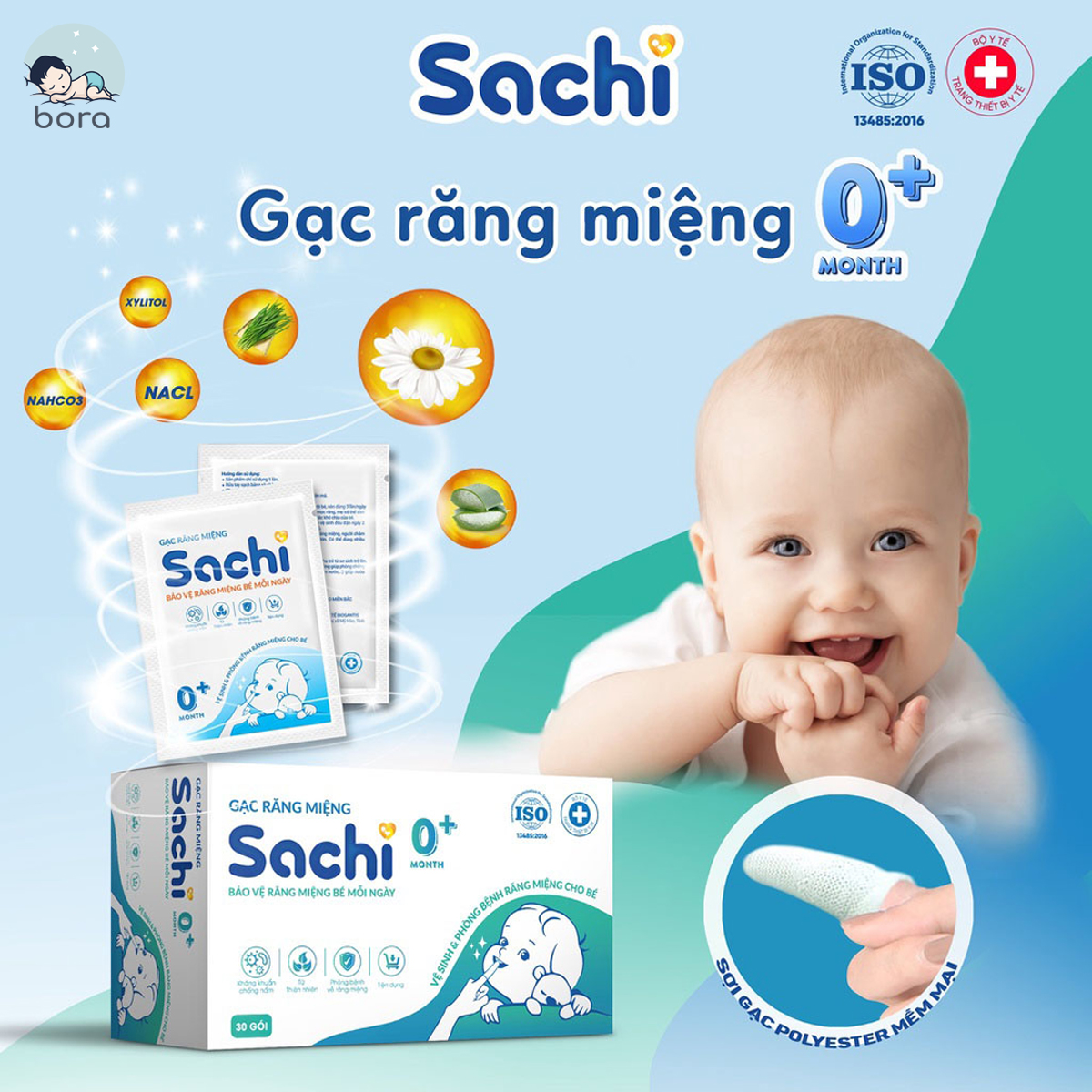Gạc rơ lưỡi Sachi chiết xuất Lá hẹ, Lô hội, Cúc La mã vệ sinh răng miệng an toàn cho bé 0m+ [Hộp 30 gói]