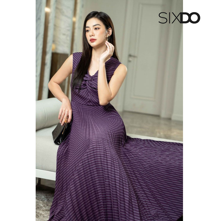 Đầm xòe sát nách xoắn ngực thời trang SIXDO (Dark Purple Sripe Midi Woven Dress)