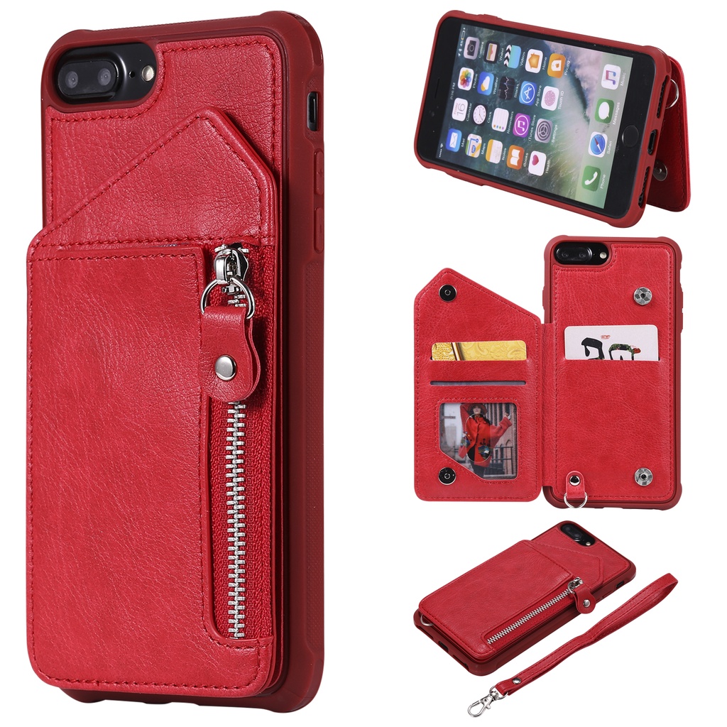 Ốp điện thoại da dạng ví có ngăn đựng thẻ kèm khóa kéo cho iPhone 7/8/6/6S 7 Plus 8 Plus 6 Plus
