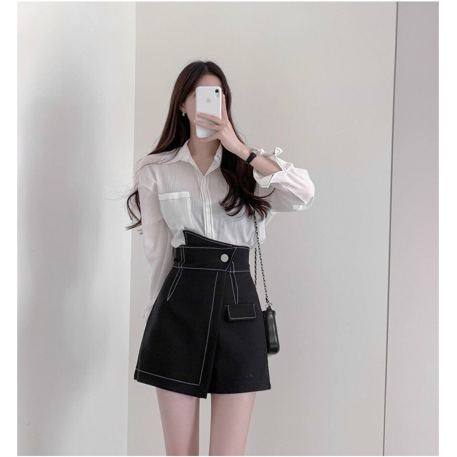 Quần giả váy nữ lưng cao dáng váy a may chỉ nổi quần đùi nữ
