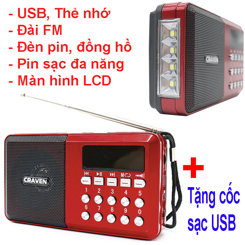 Máy nghe đài FM, Kinh Phật, Nhạc từ thẻ nhớ USB, Có đèn pin - CR65
