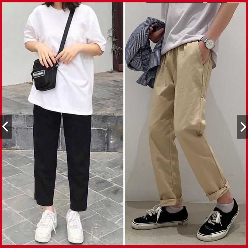 Quần kaki Nam Nữ ống suông rộng cạp chun-2 màu chuẩn hình