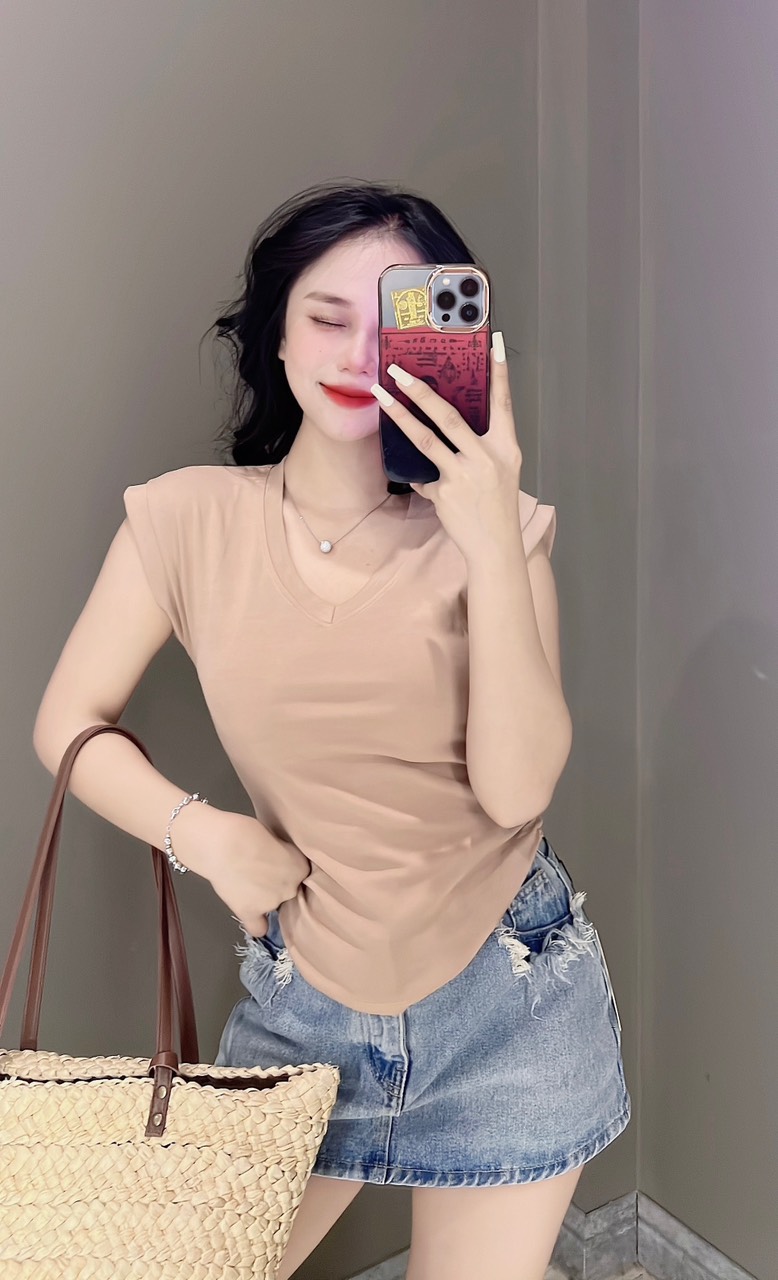 Áo thun ôm Nữ Cổ Tim Tay tay hến nhún eo ( Cổ Tim A.H )