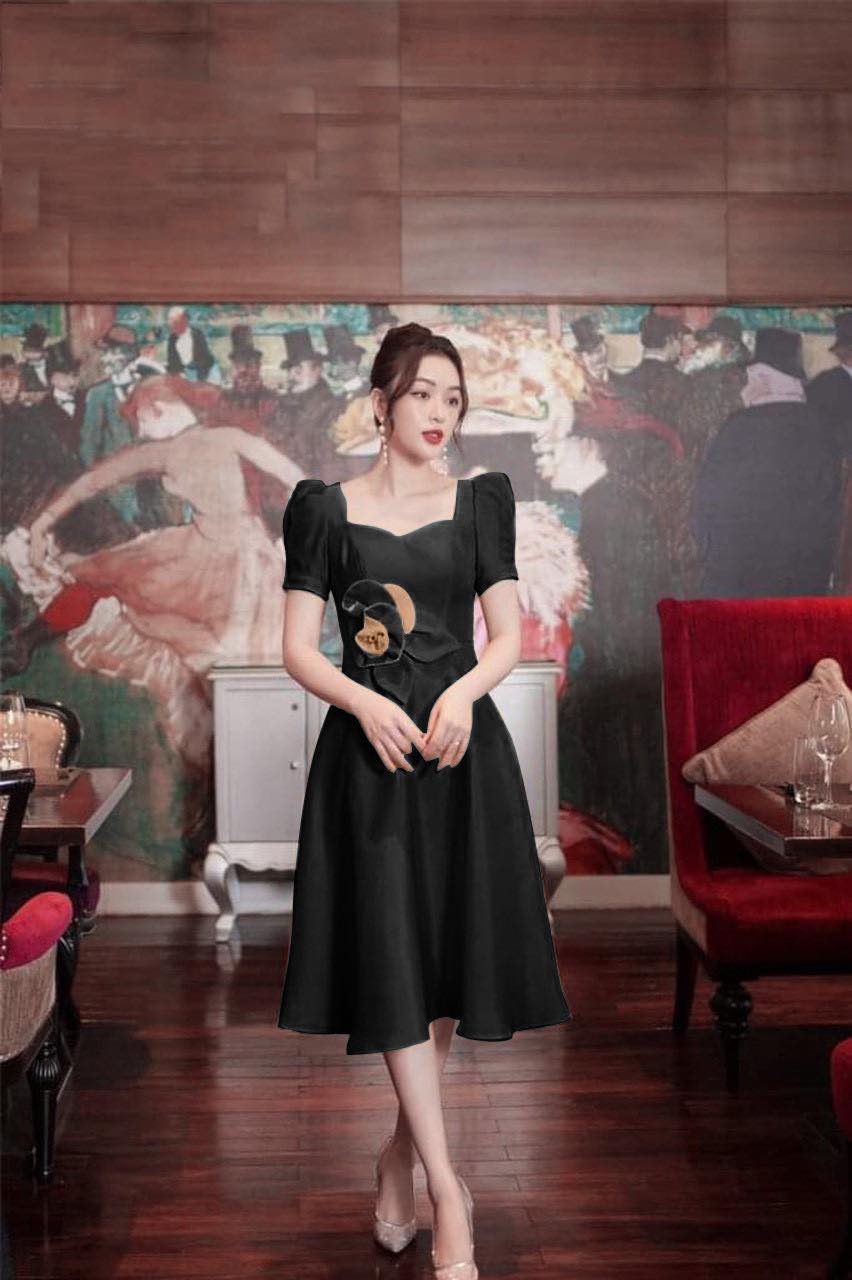 [HCM]Đầm xoè cổ vuông kèm bông