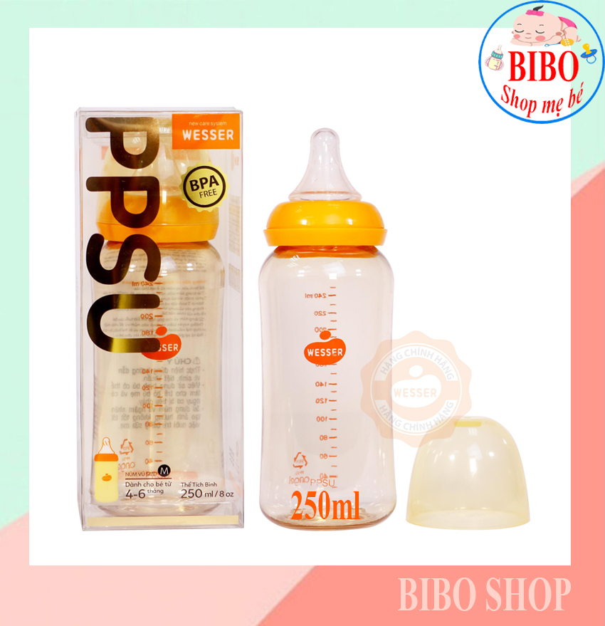 Bình Sữa PPSU Cổ Hẹp 250ml Chịu Được Nhiệt Độ Cao, không có BPA FREE,Bình Cho Bé Wesser