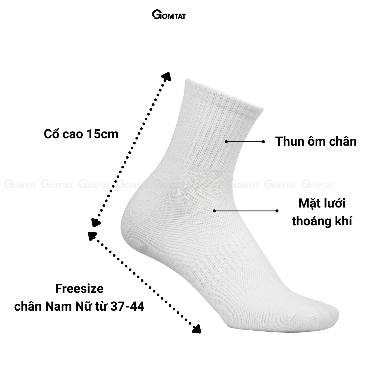 Tất nam nữ cổ trung GOMTAT chất liệu cotton dày dặn, êm mềm thoáng mát, thấm hút mồ hôi - GOM-KLB-TRONLUNG-1DOI