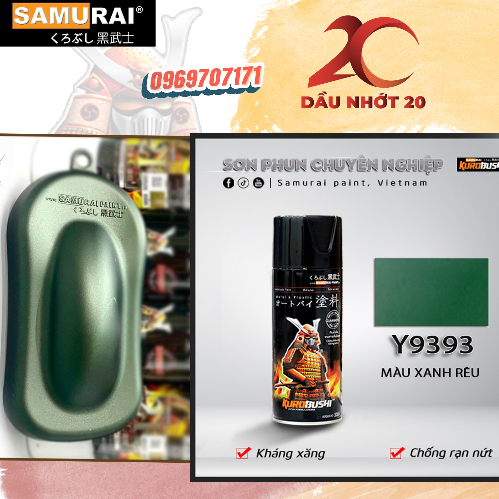 Chai sơn xịt samurai màu xanh rêu y9393*