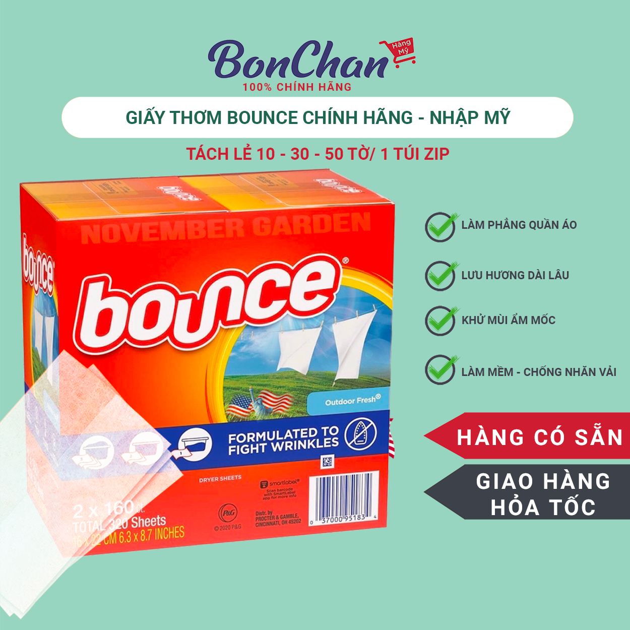Hỏa Tốc Tách Lẻ 10,30,50 Tờ Giấy Thơm Quần Áo BOUNCE 4IN1 Và Loại Bỏ Mùi