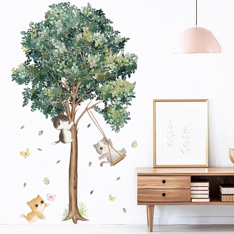 Decal dán tường mèo chơi xích đu