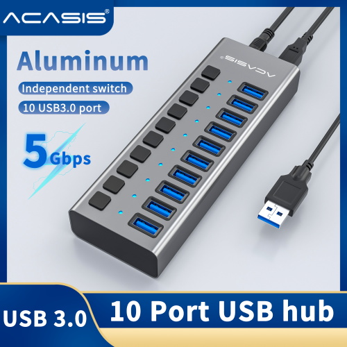 Acasis Bộ Hub USB 3.0 tốc độ cao 5Gbps 10 cổng + bộ đổi nguồn cho máy tính