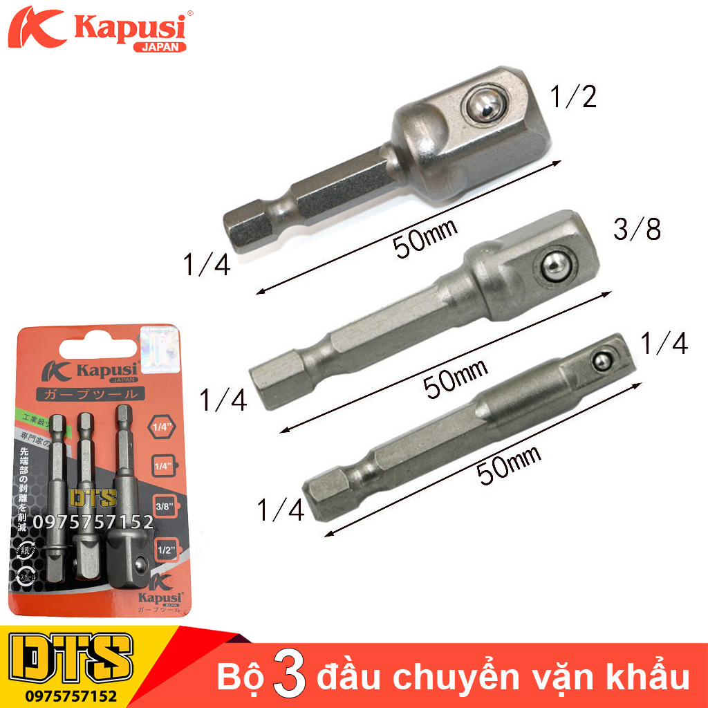 Bộ 3 đầu chuyển vặn khẩu Kapusi JAPAN chuôi lục giác cho máy khoan điện, khoan pin cỡ 1/2 - 3/8 - 1/4 thép Nhật siêu bền, chống trượt khẩu, đầu chuyển vặn tuýp, đầu chuyển khẩu lắp máy khoan, đầu chuyển vặn vít sang bu lông