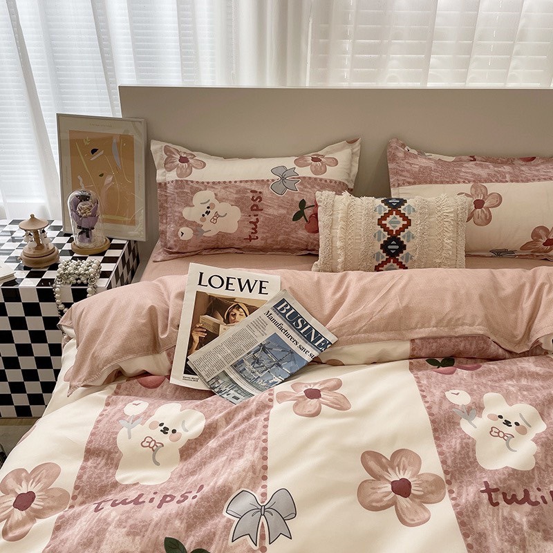Bộ chăn ga gối cotton poly - Mẫu gấu cherry
