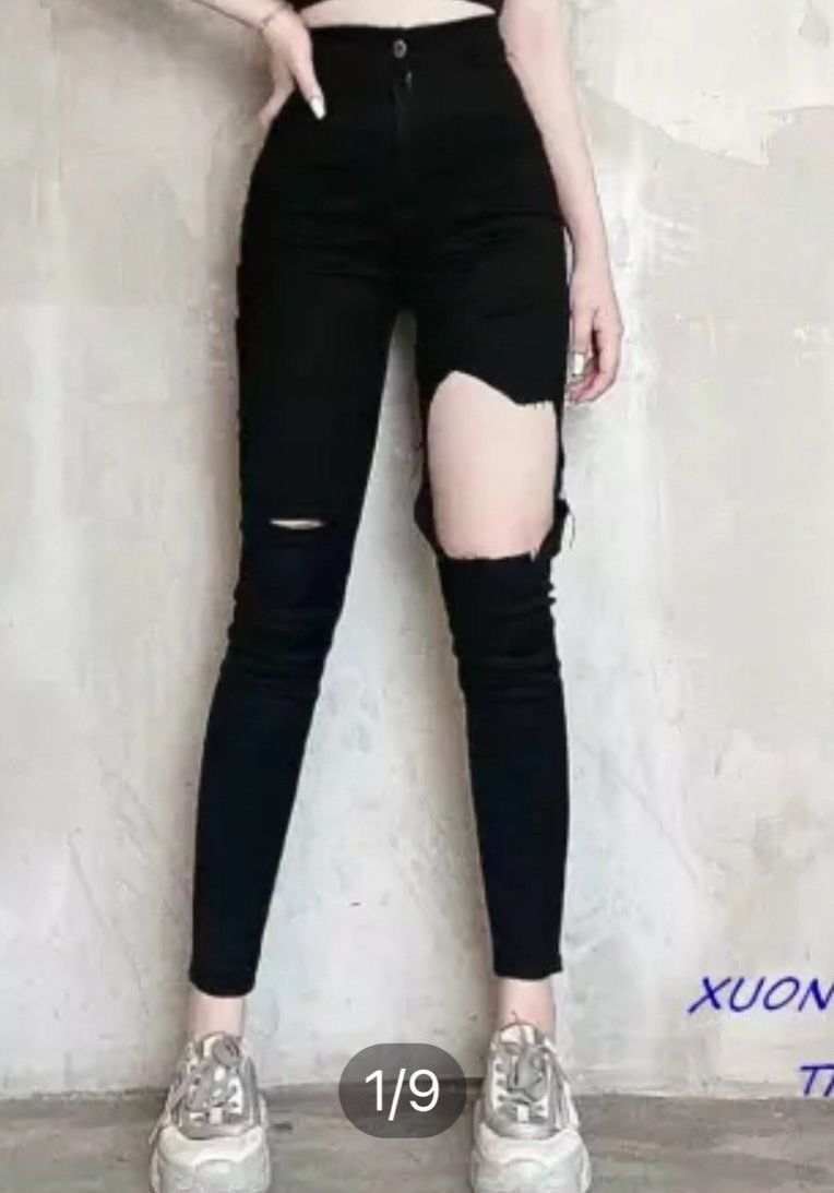 Quần jean nữ lưng cao RÁCH 2 BÊN TO NHỎ XÉ tua lai siêu tôn giáng chất jean giãn 21