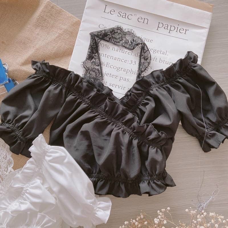 ÁO croptop nữ kiểu bệt vai kate phối ren